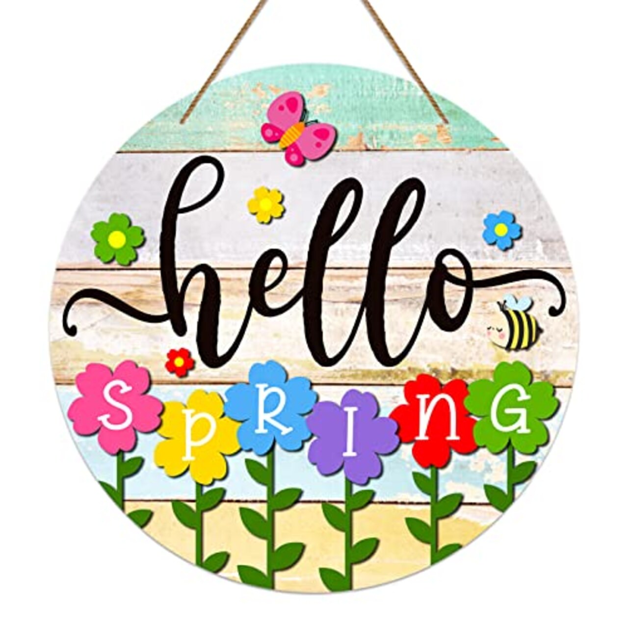 Hello Spring Door Sign - 11.8" Colorful Flowers Welcome Decoration Wreath Farmhouse Hanging Sign for Home Front Door Wall Porch Indoor Outdoor Decor